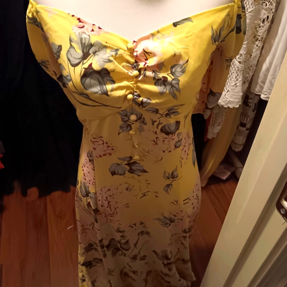 Floral Yellow Dress with Puff Sleeves Off The Shoulder Dress